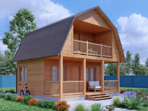 ДОМ ИЗ КАРКАСА 6×6 «ДК37» (70 кв.м., 2 этажа, 6 на 6, с мансардой, балконом и террасой)